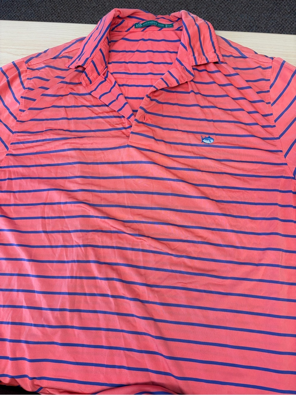 Southern Tide Coral Polo with Navy Stripes